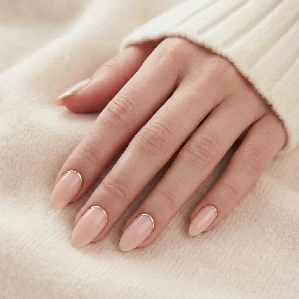 Golden Glimmer press-on naglar i peach nude med gulddetalj för varm hudton