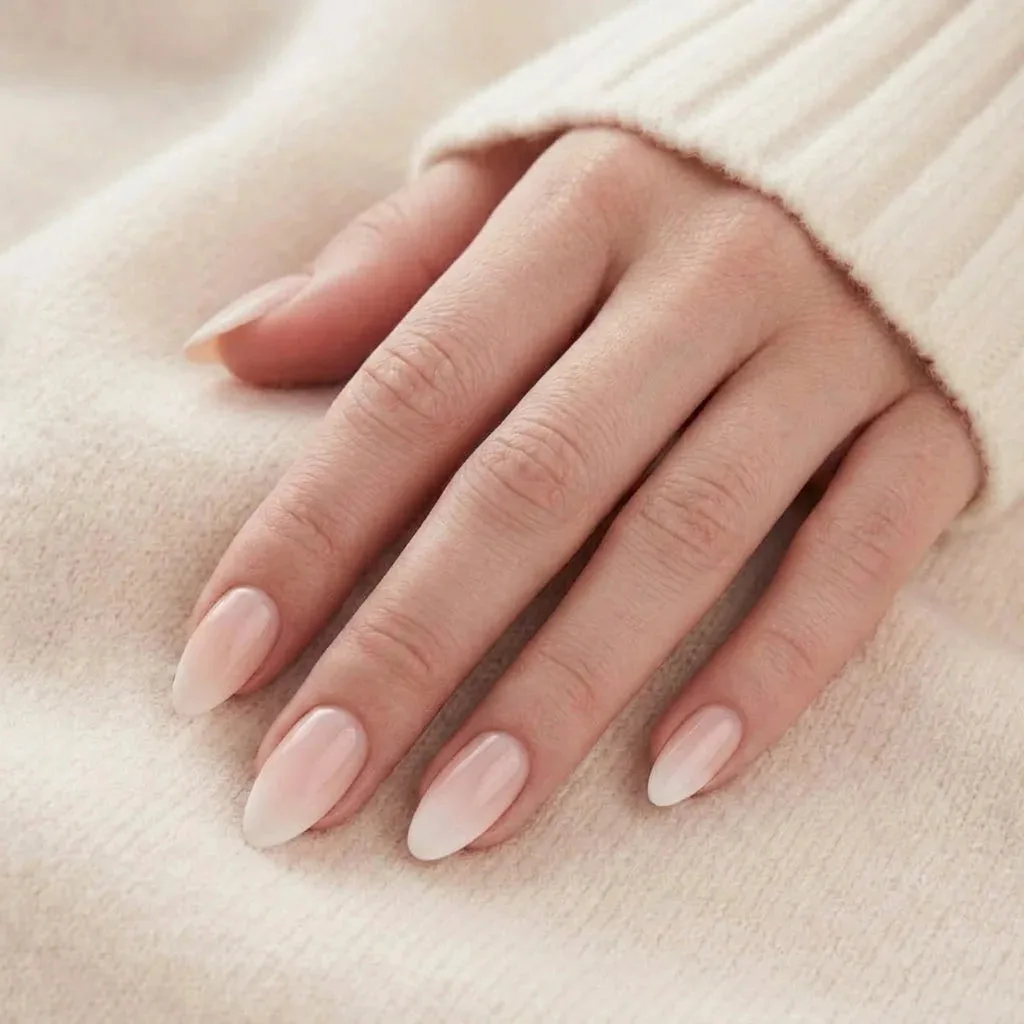 Nude rosa ombre press-on naglar i mandelform mot en beige stickad tröja